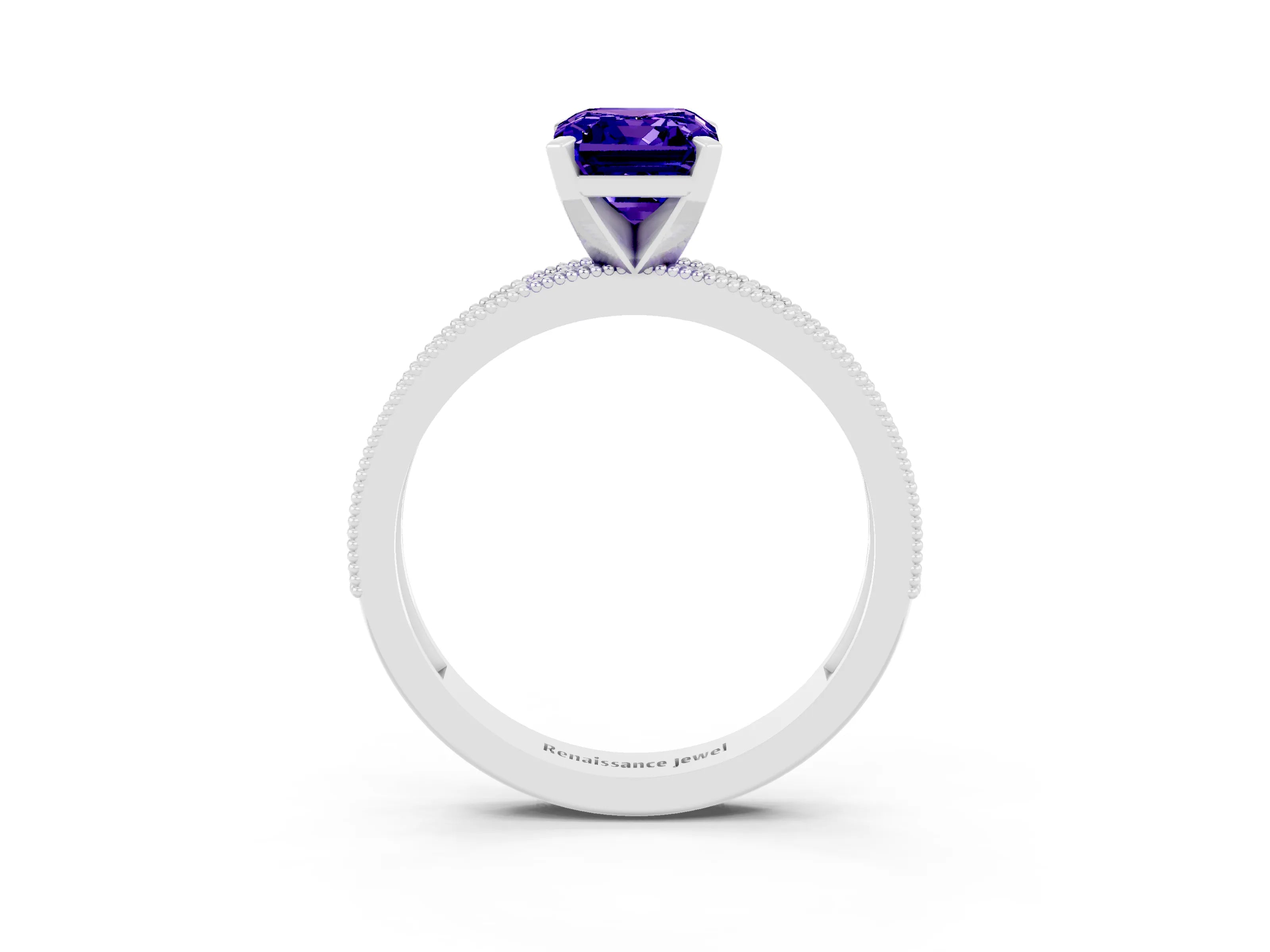White gold Emerald Cut Tanzanite Milgrain Pavé Engagement Ring with Four-Prong Setting_15