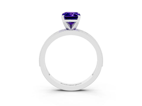 White gold Emerald Cut Tanzanite Milgrain Pavé Engagement Ring with Four-Prong Setting_15