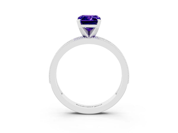 White gold Emerald Cut Tanzanite Milgrain Pavé Engagement Ring with Four-Prong Setting