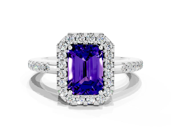 Platinum Emerald Cut Tanzanite Pavé Halo Ring with Four-Prong Setting
