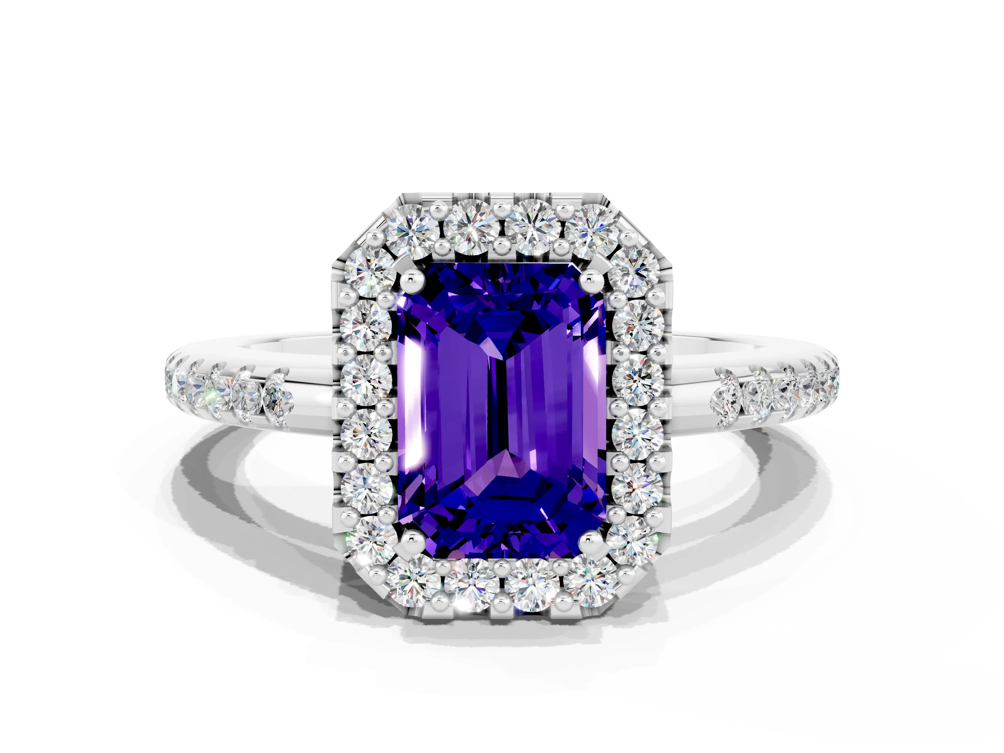 White gold Emerald Cut Tanzanite Pavé Halo Ring with Four-Prong Setting_12
