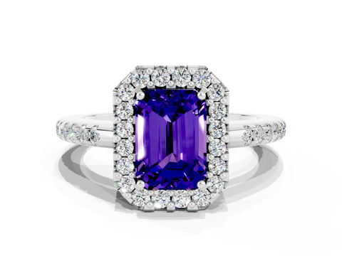 White gold Emerald Cut Tanzanite Pavé Halo Ring with Four-Prong Setting_12