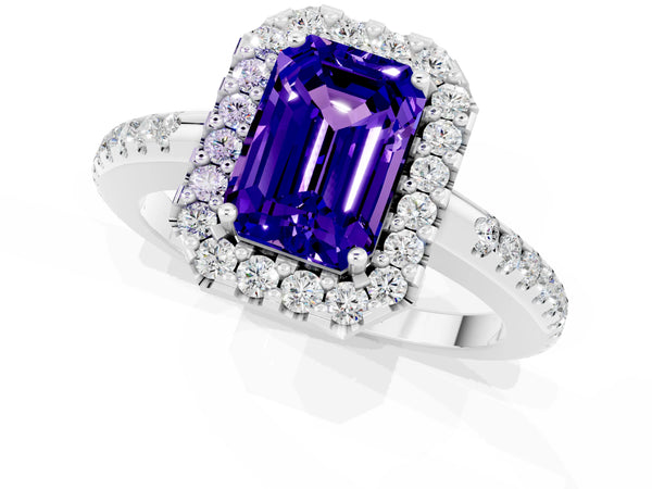 White gold Emerald Cut Tanzanite Pavé Halo Ring with Four-Prong Setting