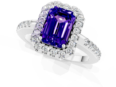 White gold Emerald Cut Tanzanite Pavé Halo Ring with Four-Prong Setting_13
