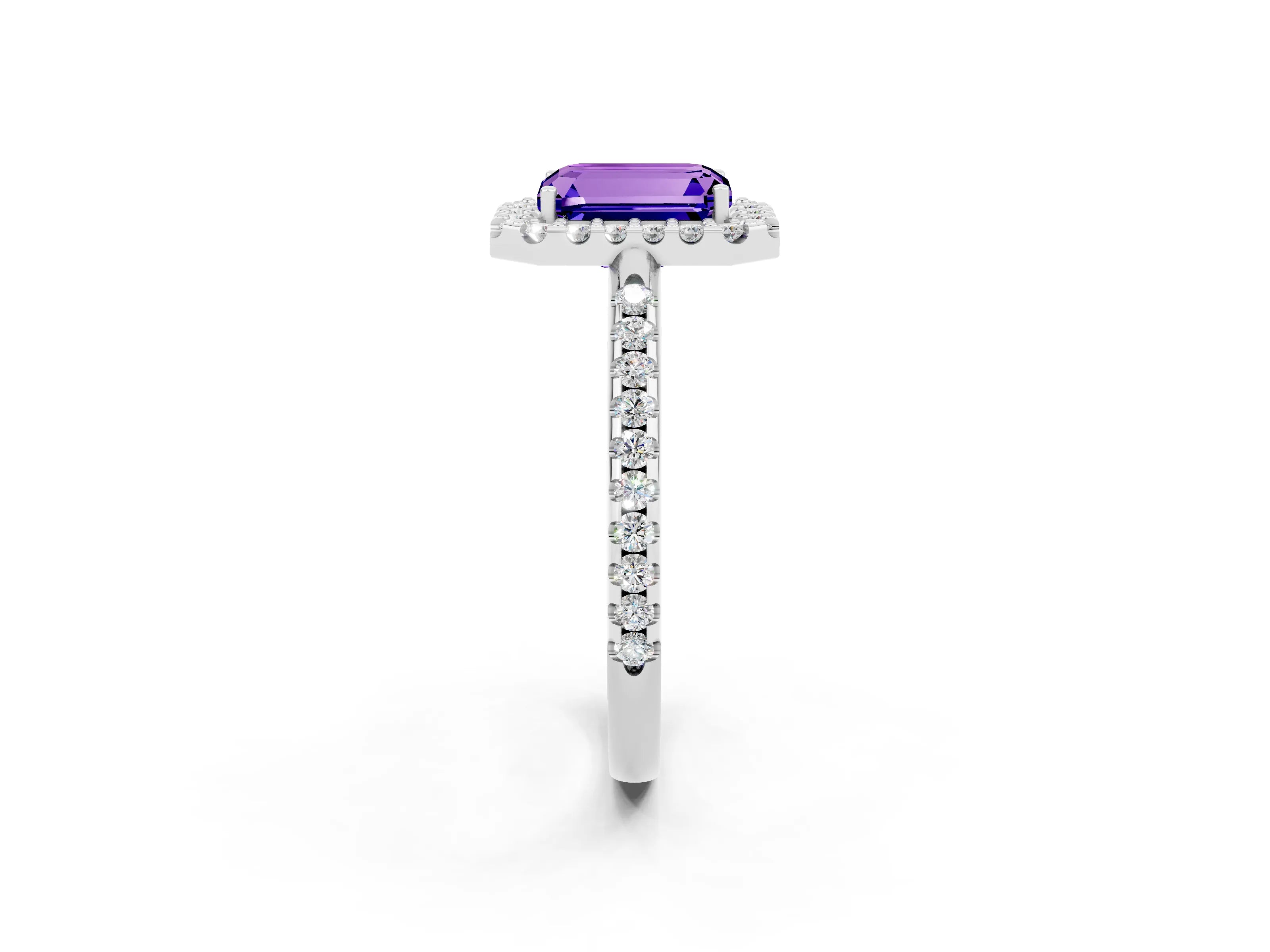 White gold Emerald Cut Tanzanite Pavé Halo Ring with Four-Prong Setting_14