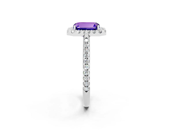 Platinum Emerald Cut Tanzanite Pavé Halo Ring with Four-Prong Setting