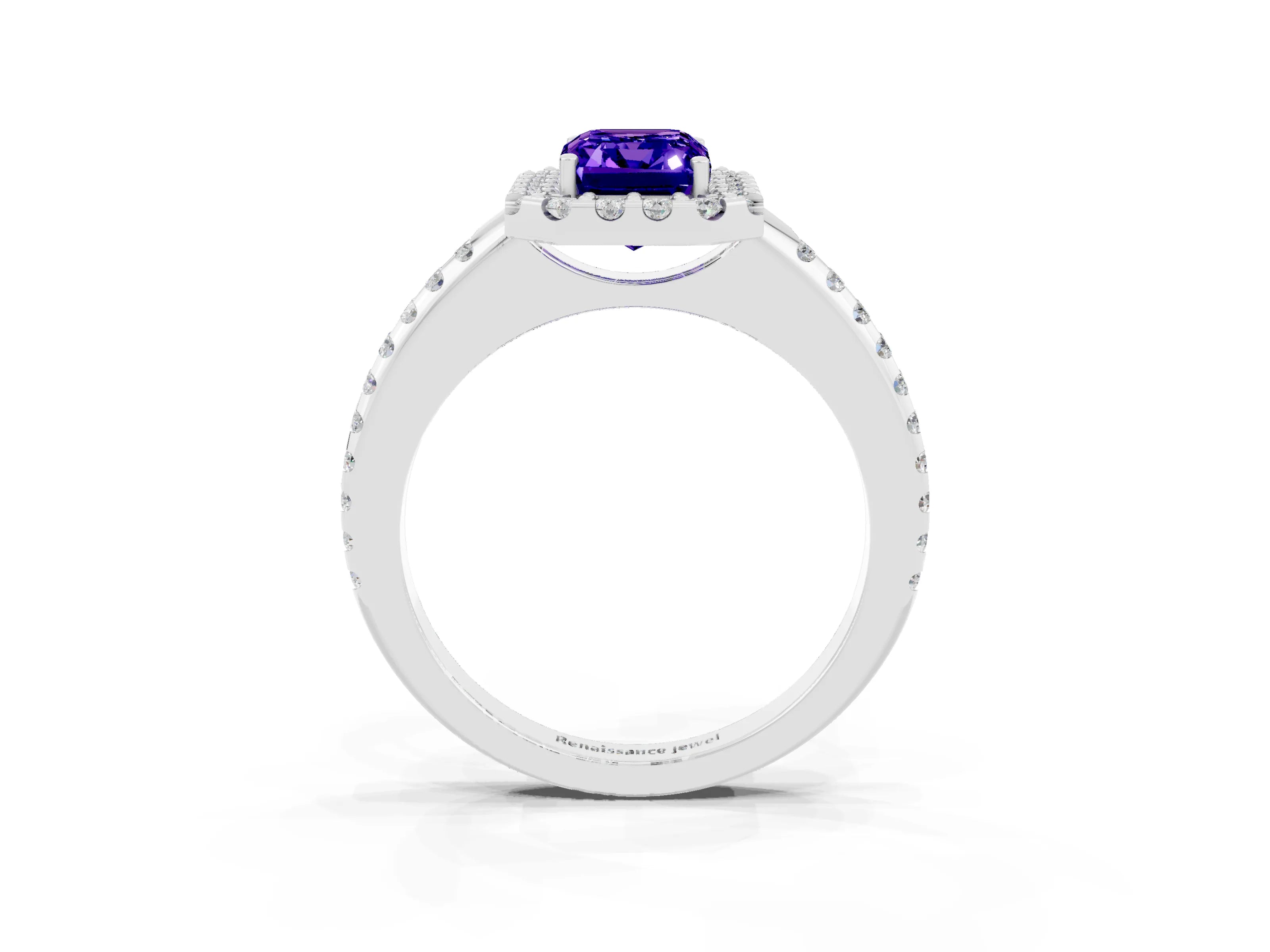 White gold Emerald Cut Tanzanite Pavé Halo Ring with Four-Prong Setting_15