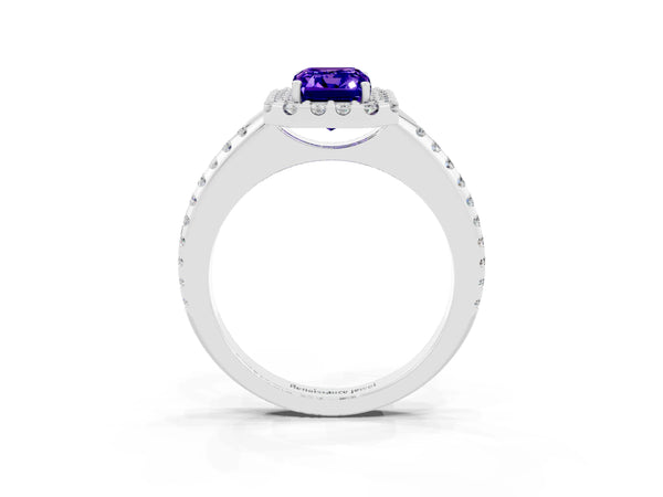 White gold Emerald Cut Tanzanite Pavé Halo Ring with Four-Prong Setting