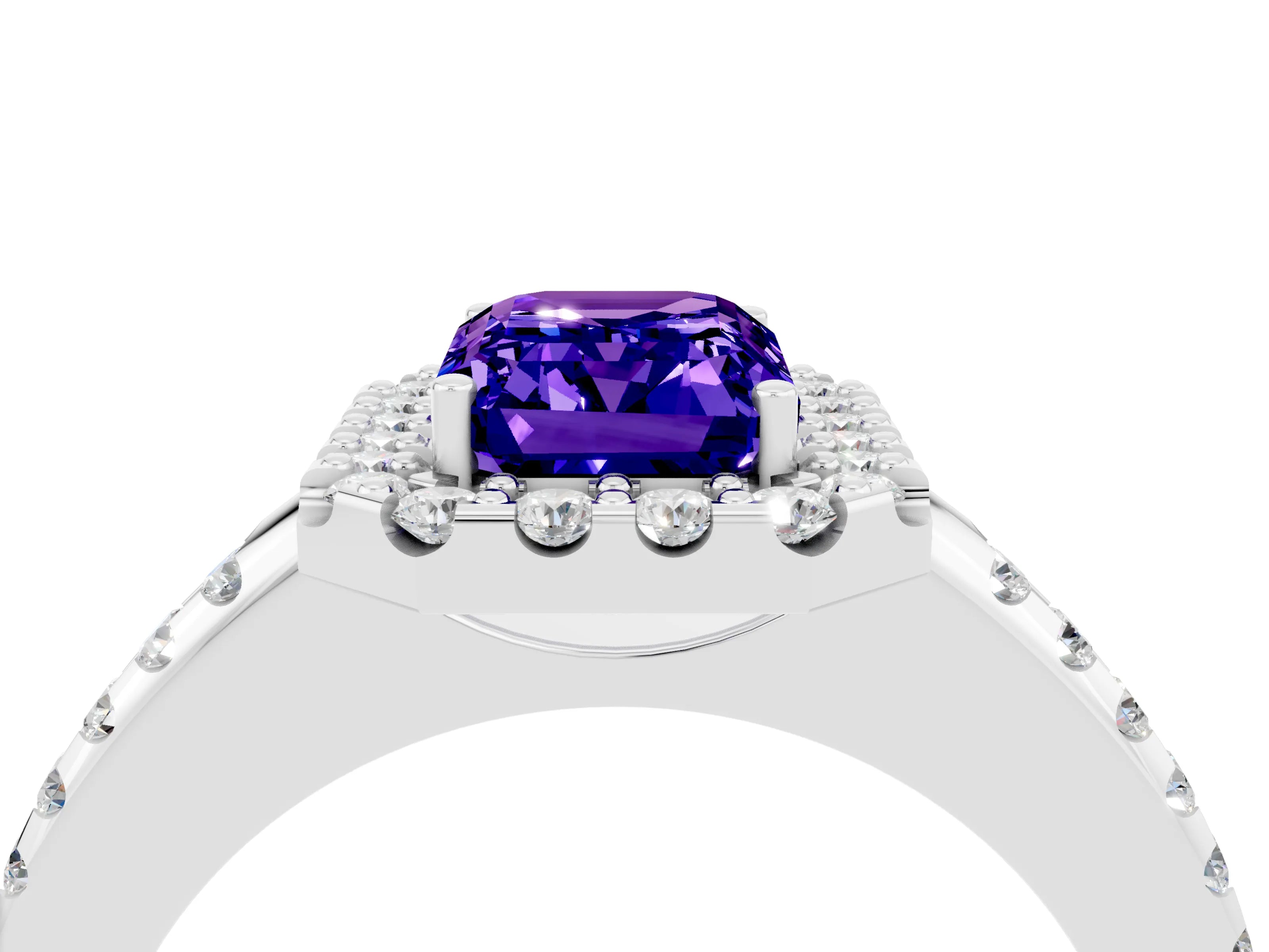 White gold Emerald Cut Tanzanite Pavé Halo Ring with Four-Prong Setting_16