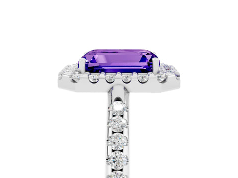White gold Emerald Cut Tanzanite Pavé Halo Ring with Four-Prong Setting_17