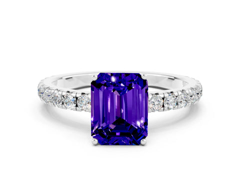 White gold Emerald Cut Tanzanite Pavé Solitaire Engagement Ring with Four-Prong Setting_12