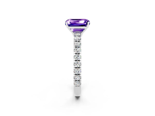 White gold Emerald Cut Tanzanite Pavé Solitaire Engagement Ring with Four-Prong Setting