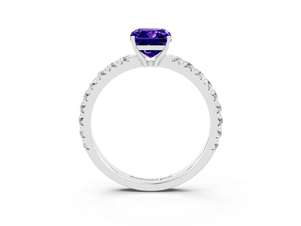 White gold Emerald Cut Tanzanite Pavé Solitaire Engagement Ring with Four-Prong Setting