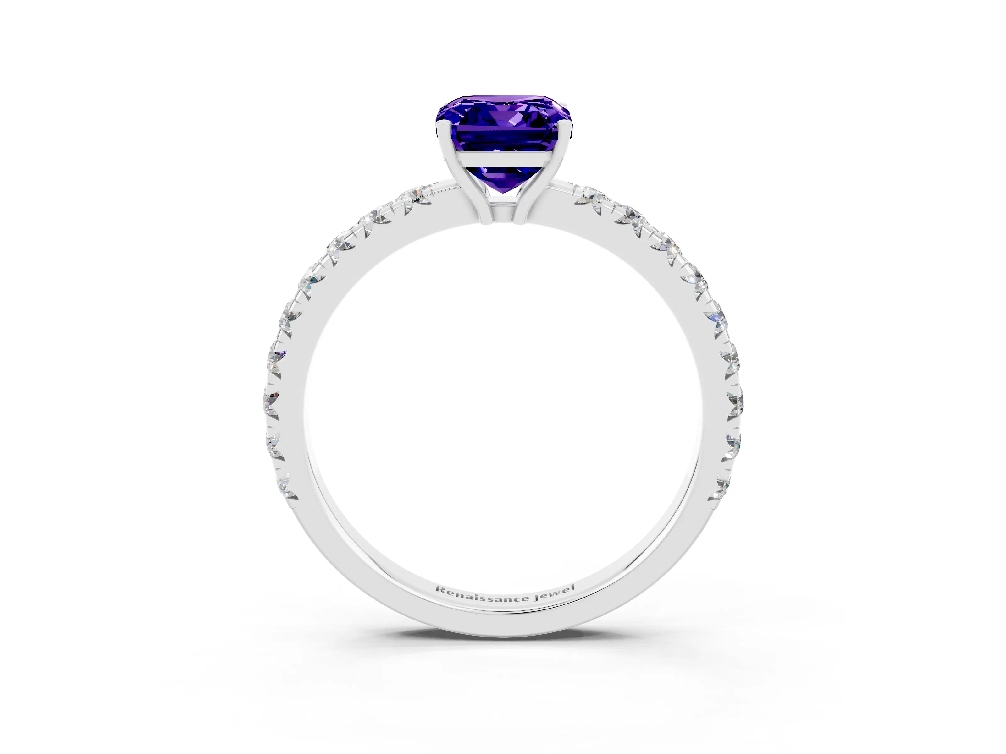White gold Emerald Cut Tanzanite Pavé Solitaire Engagement Ring with Four-Prong Setting_15