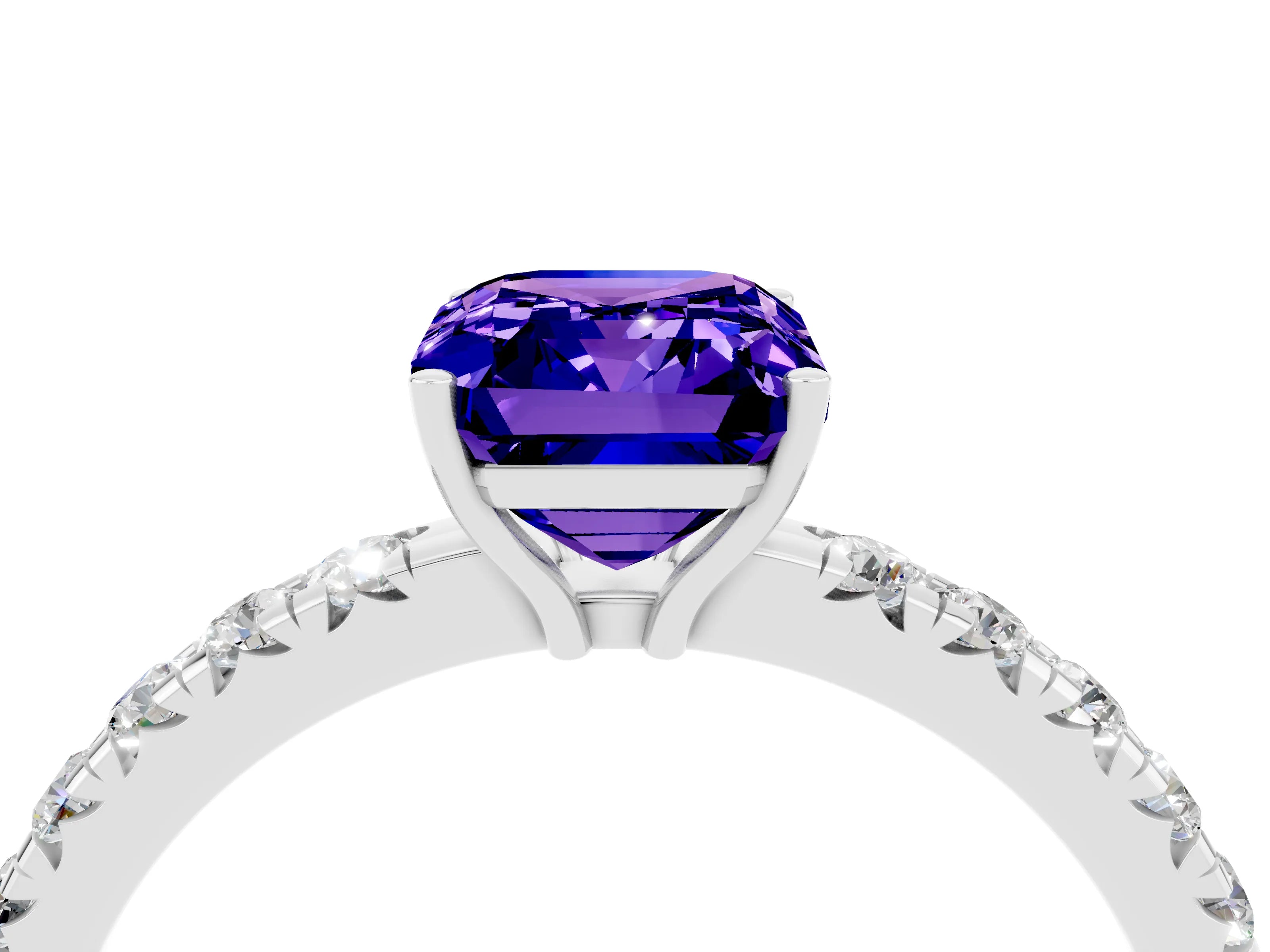 White gold Emerald Cut Tanzanite Pavé Solitaire Engagement Ring with Four-Prong Setting_16