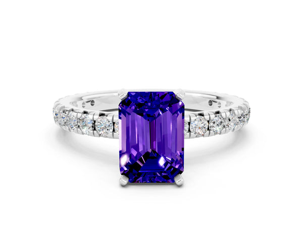 White gold Emerald Cut Tanzanite Pavé Solitaire Ring with Round Band and Prong Setting