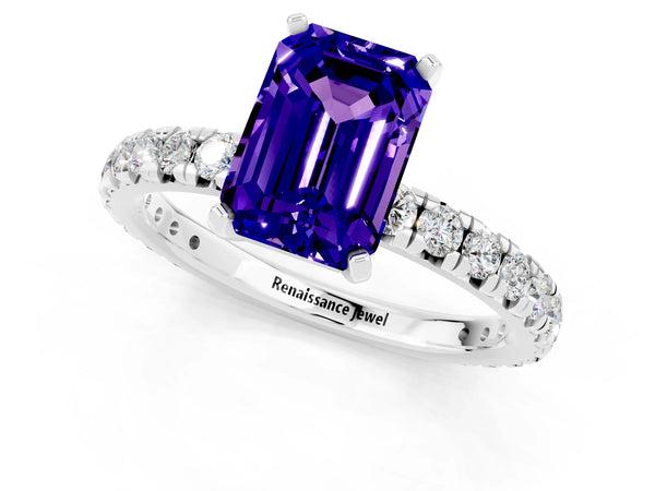 Platinum Emerald Cut Tanzanite Pavé Solitaire Ring with Round Band and Prong Setting