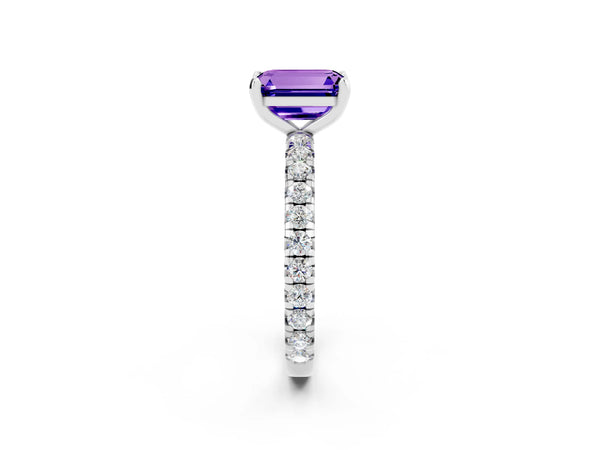 Platinum Emerald Cut Tanzanite Pavé Solitaire Ring with Round Band and Prong Setting