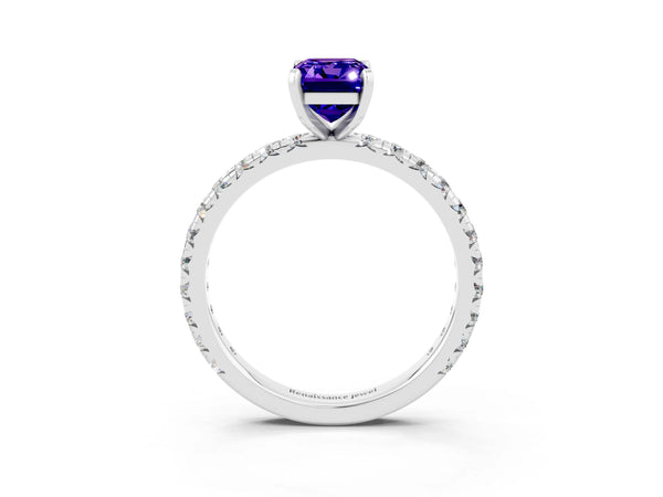 Platinum Emerald Cut Tanzanite Pavé Solitaire Ring with Round Band and Prong Setting