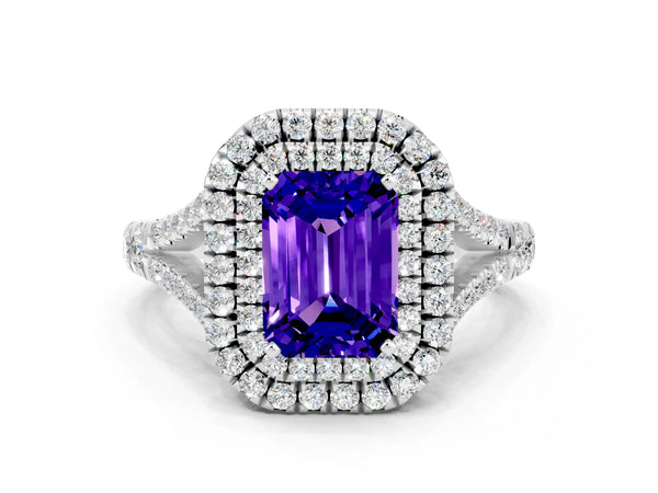 Platinum Emerald Cut Tanzanite Pavé Split Shank Double Halo Engagement Ring
