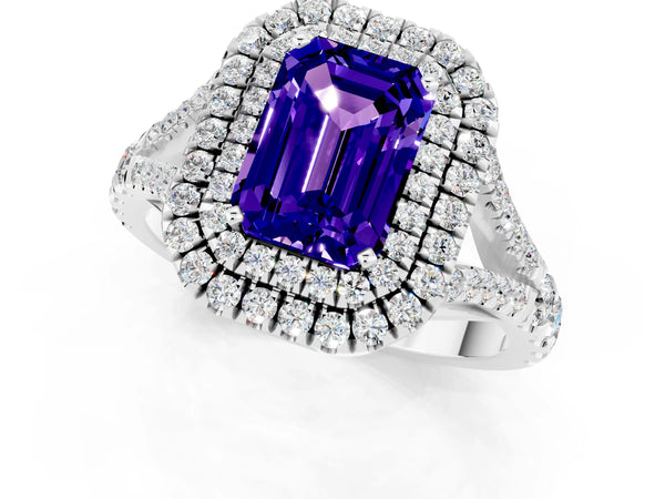 White gold Emerald Cut Tanzanite Pavé Split Shank Double Halo Engagement Ring