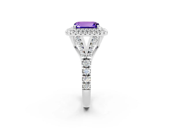 Platinum Emerald Cut Tanzanite Pavé Split Shank Double Halo Engagement Ring