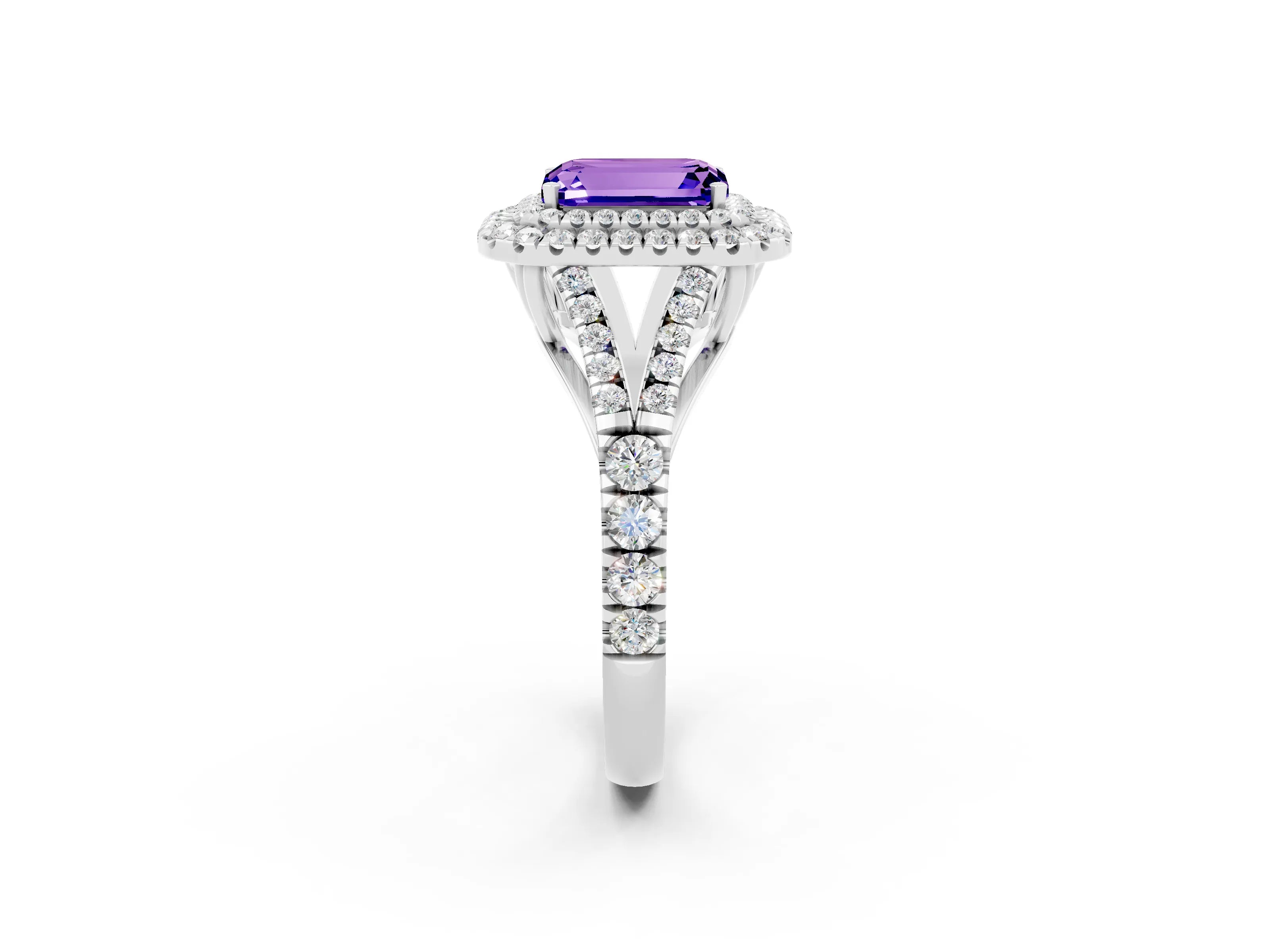 White gold Emerald Cut Tanzanite Pavé Split Shank Double Halo Engagement Ring_2