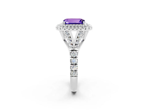White gold Emerald Cut Tanzanite Pavé Split Shank Double Halo Engagement Ring_2