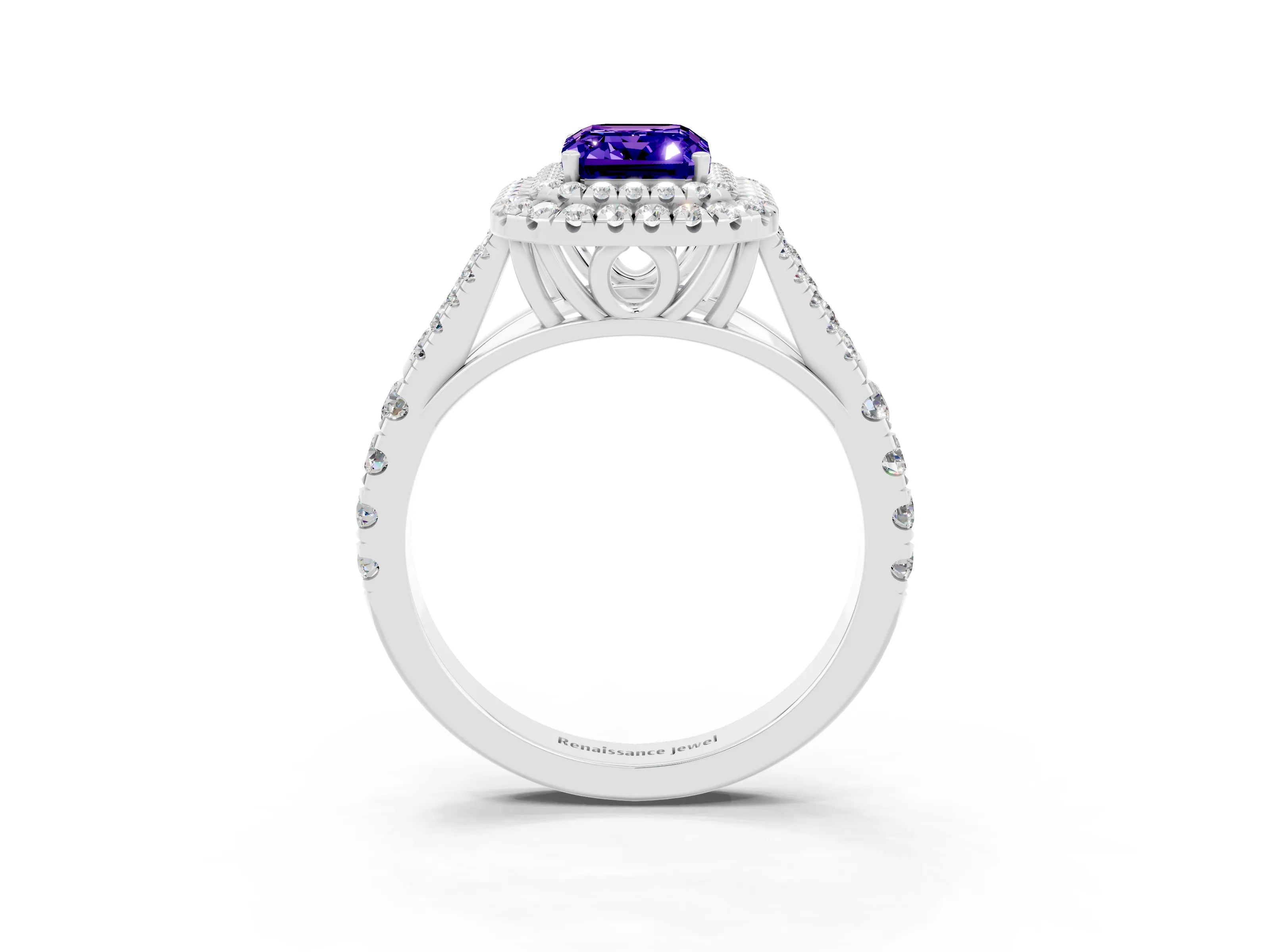 White gold Emerald Cut Tanzanite Pavé Split Shank Double Halo Engagement Ring_3