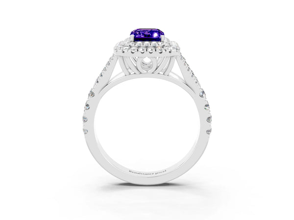 Silver Emerald Cut Tanzanite Pavé Split Shank Double Halo Engagement Ring