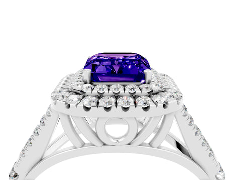 White gold Emerald Cut Tanzanite Pavé Split Shank Double Halo Engagement Ring_4