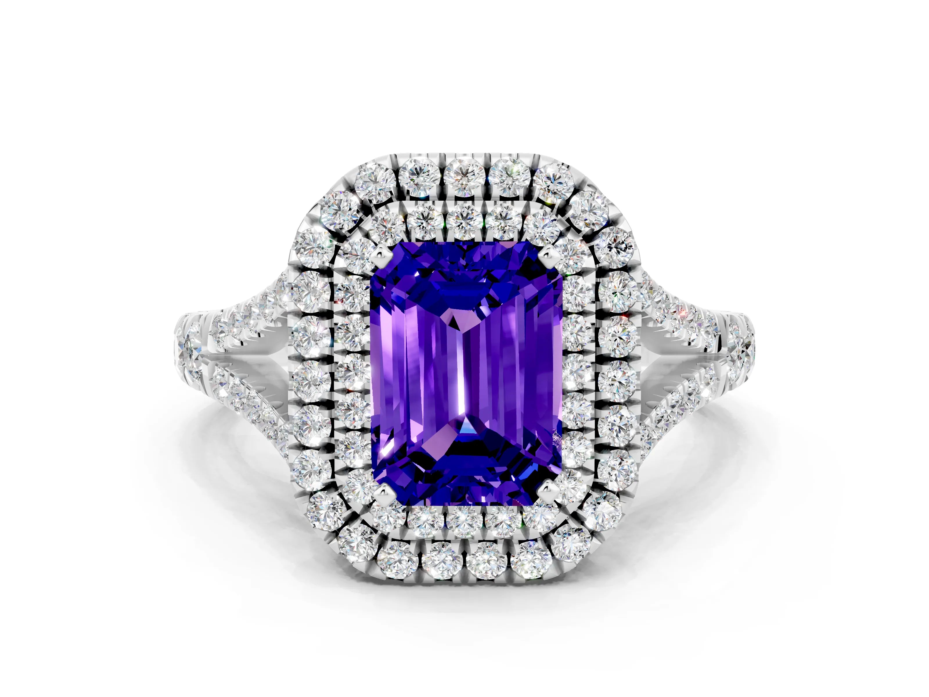 White gold Emerald Cut Tanzanite Pavé Split Shank Double Halo Engagement Ring