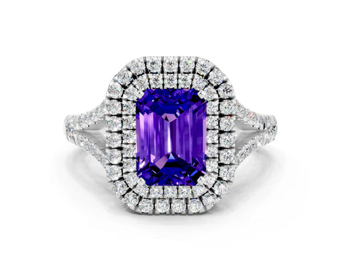 White gold Emerald Cut Tanzanite Pavé Split Shank Double Halo Engagement Ring