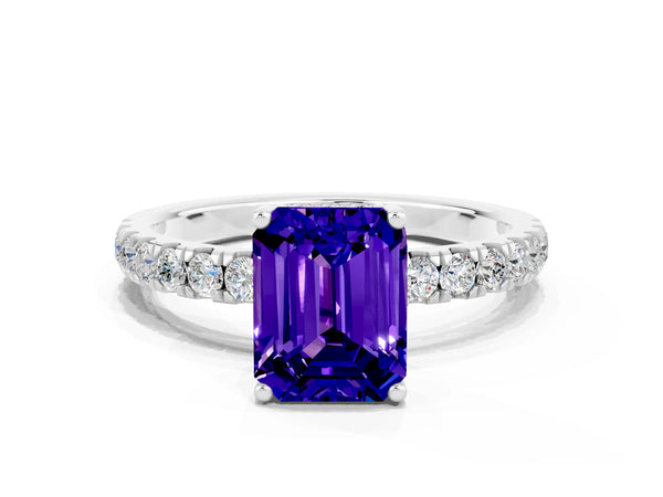 Silver Emerald Cut Tanzanite Pave Band Solitaire Ring with Round  and Prong Setting