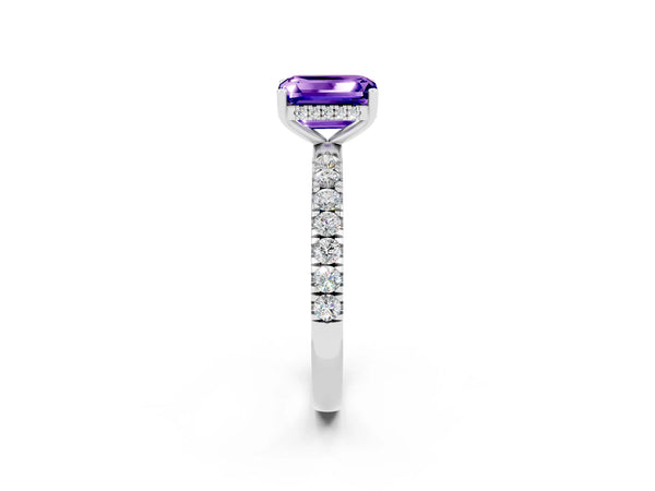 Platinum Emerald Cut Tanzanite Pave Band Solitaire Ring with Round  and Prong Setting