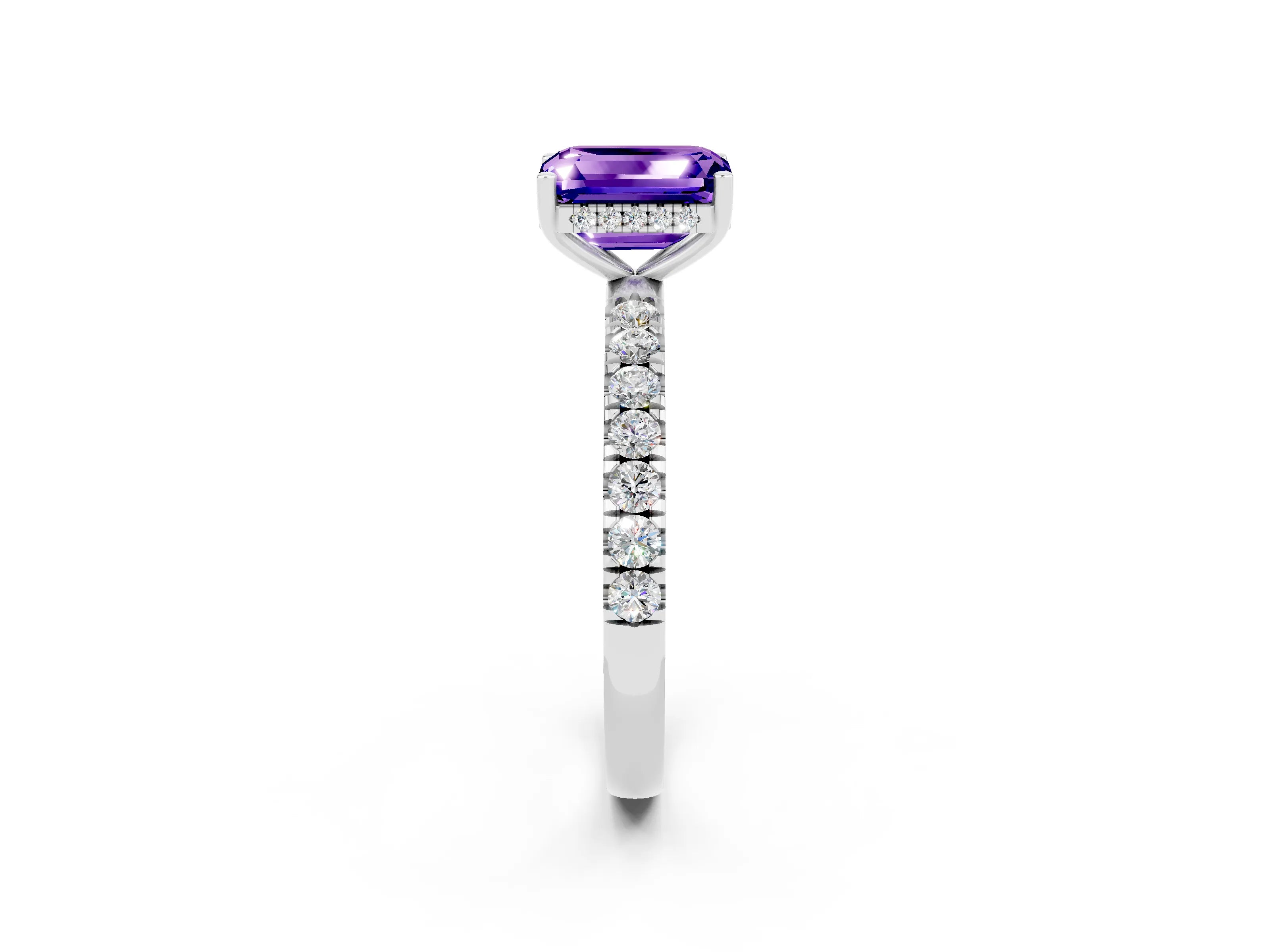 White gold Emerald Cut Tanzanite Pave Band Solitaire Ring with Four-Prong Setting_14
