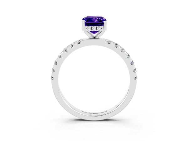 Silver Emerald Cut Tanzanite Pave Band Solitaire Ring with Round  and Prong Setting