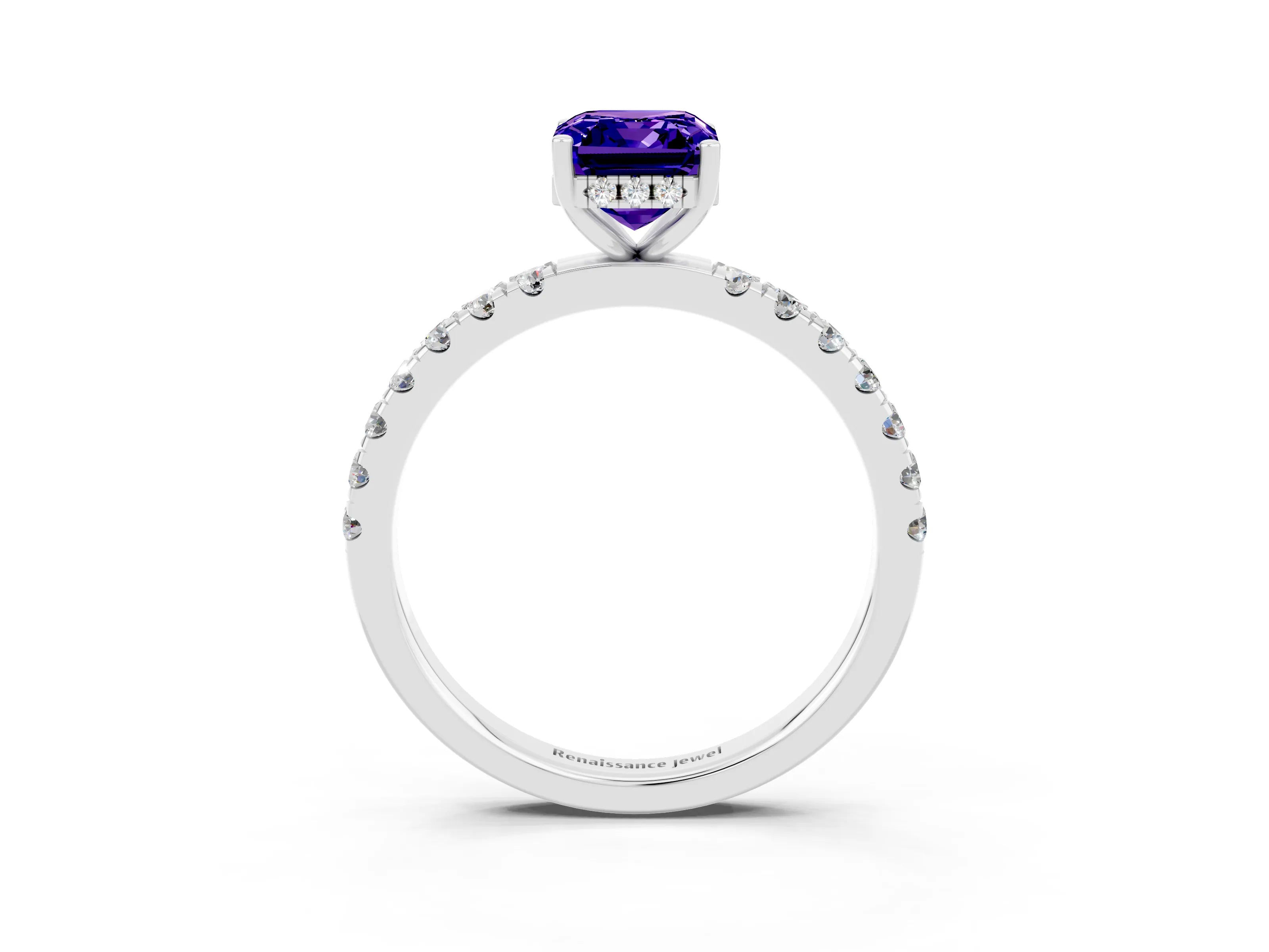 White gold Emerald Cut Tanzanite Pave Band Solitaire Ring with Four-Prong Setting_15