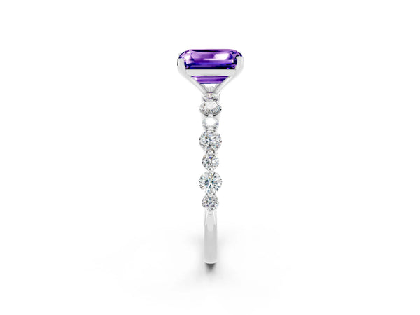 White gold Emerald Cut Tanzanite Prong Set Engagement Ring with Pavé Band
