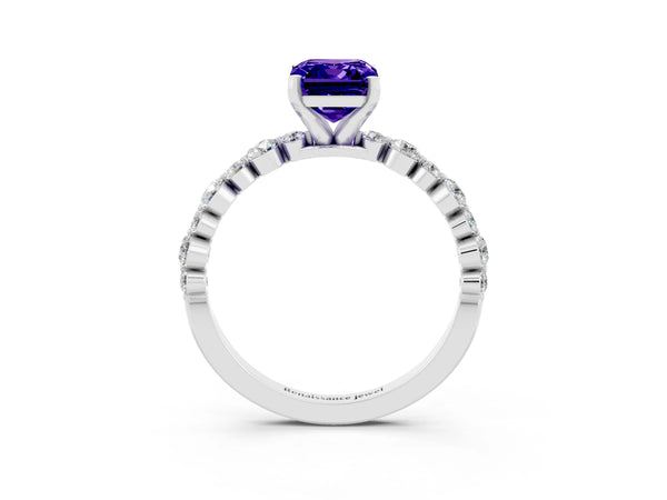 Silver Emerald Cut Tanzanite Prong Set Engagement Ring with Pavé Band