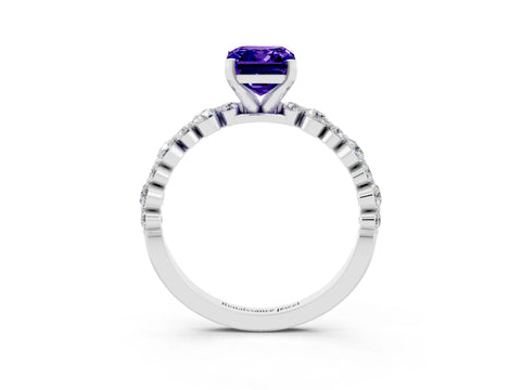 White gold Emerald Cut Tanzanite Prong Set Engagement Ring with Pavé Band_3