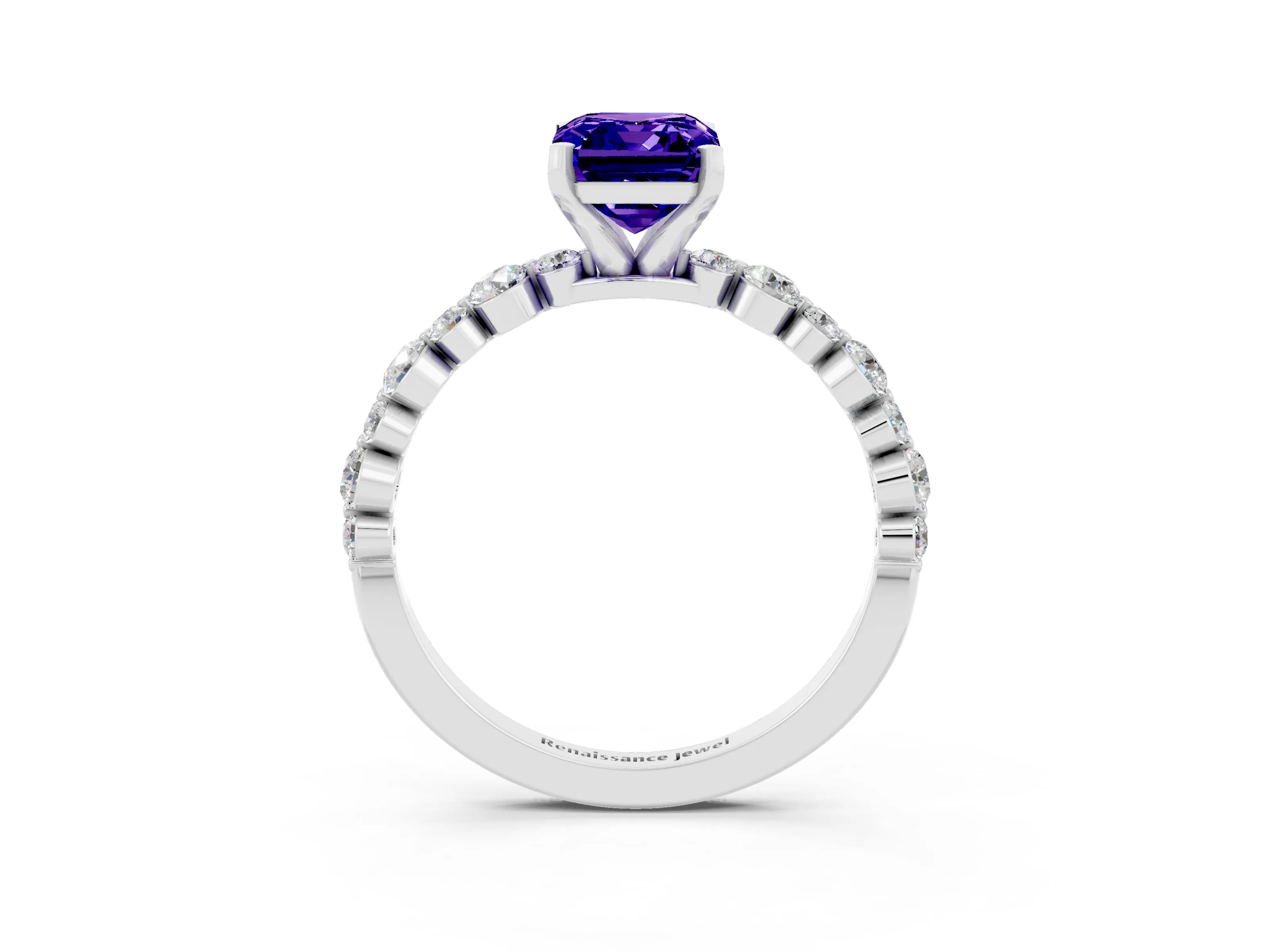 White gold Emerald Cut Tanzanite Prong Set Engagement Ring with Pavé Band_3