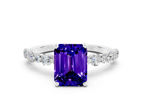 Silver Emerald Cut Tanzanite Prong Set Engagement Ring with Pavé Band