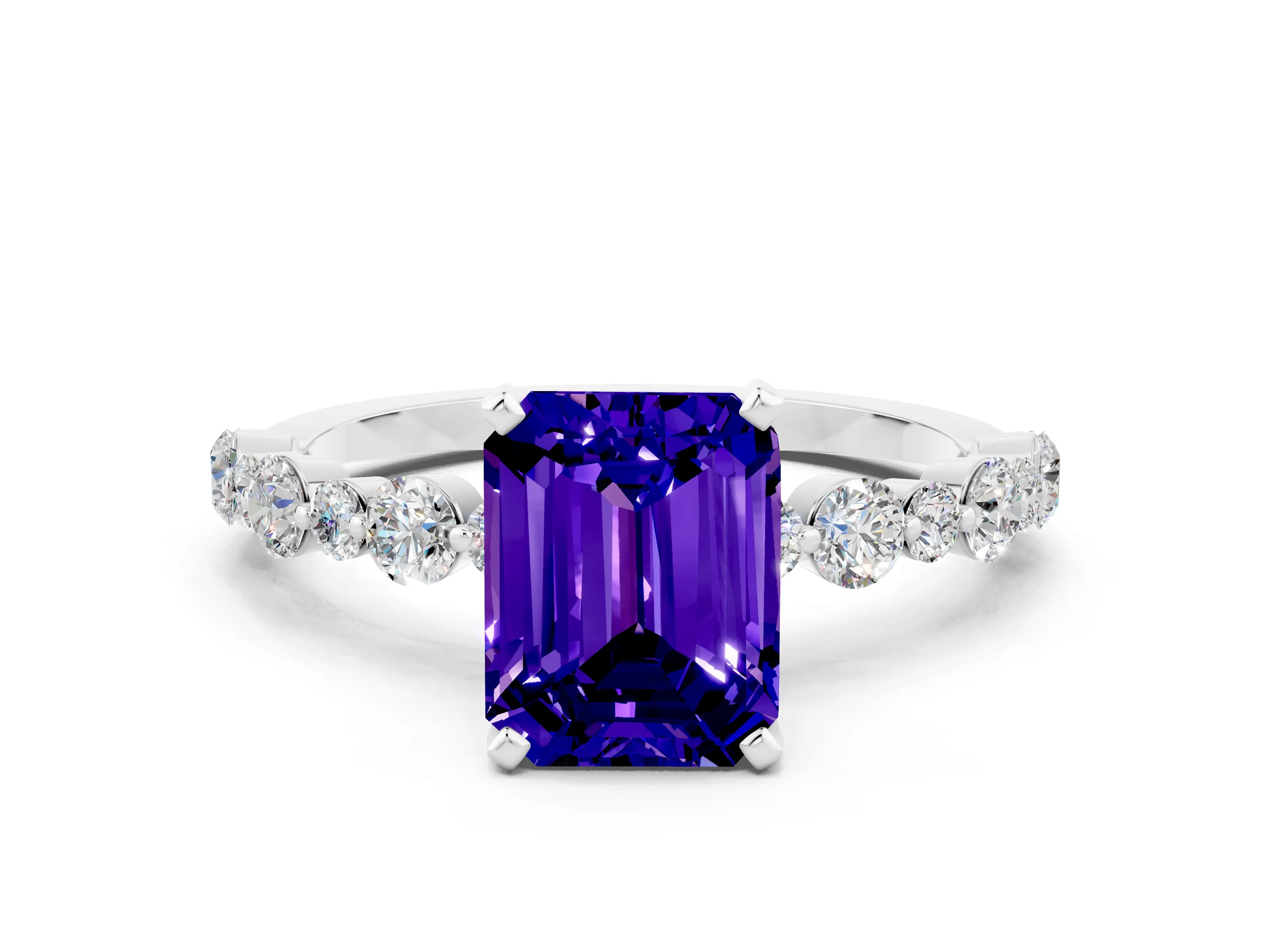 White gold Emerald Cut Tanzanite Prong Set Engagement Ring with Pavé Band