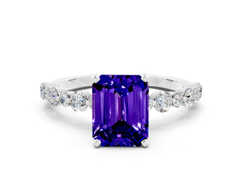 White gold Emerald Cut Tanzanite Prong Set Engagement Ring with Pavé Band