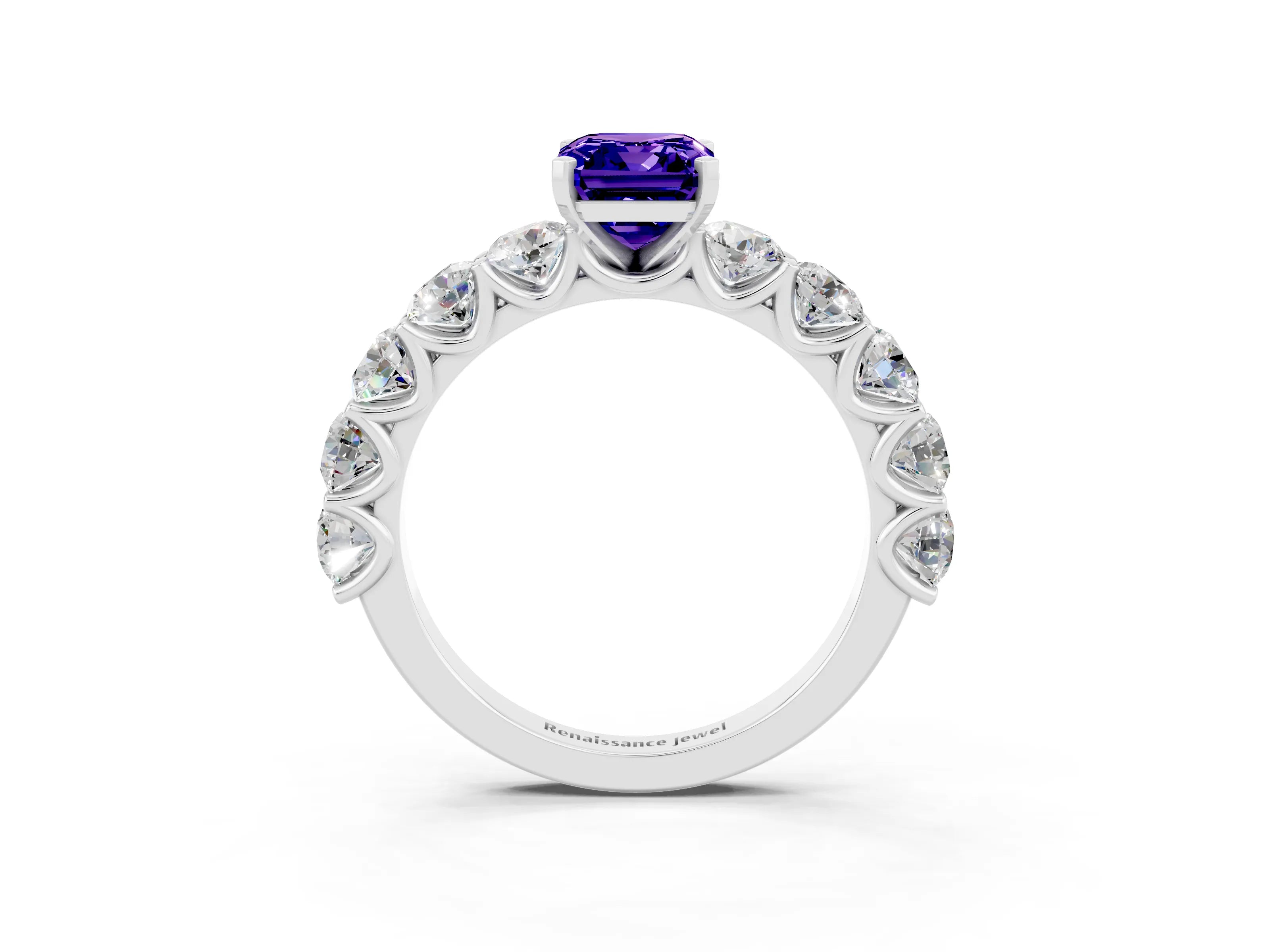 White gold Emerald Cut Tanzanite Prong Setting with Side Stones on a Pave Band_3