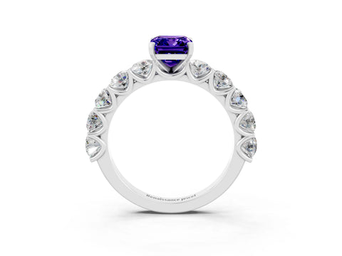 White gold Emerald Cut Tanzanite Prong Setting with Side Stones on a Pave Band_3