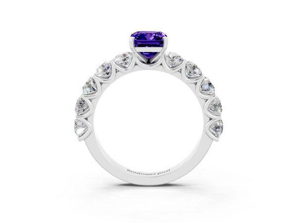 White gold Emerald Cut Tanzanite Prong Setting with Side Stones on a Pave Band