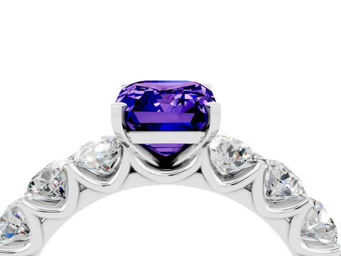 White gold Emerald Cut Tanzanite Prong Setting with Side Stones on a Pave Band_4