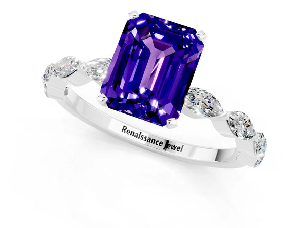 White gold Emerald Cut Tanzanite Ring with Marquise Side Stones and Prong Setting